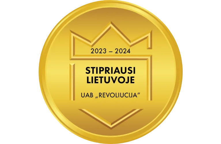 „Stipriausi Lietuvoje 2023–2024“ aukso spalvos sertifikatas, suteiktas UAB „Revoliucija“ už patikimumą ir stiprius veiklos rodiklius.