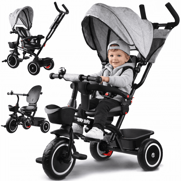 Triratis dviratukas Tiny Bike 3in1 su stogeliu pilkas