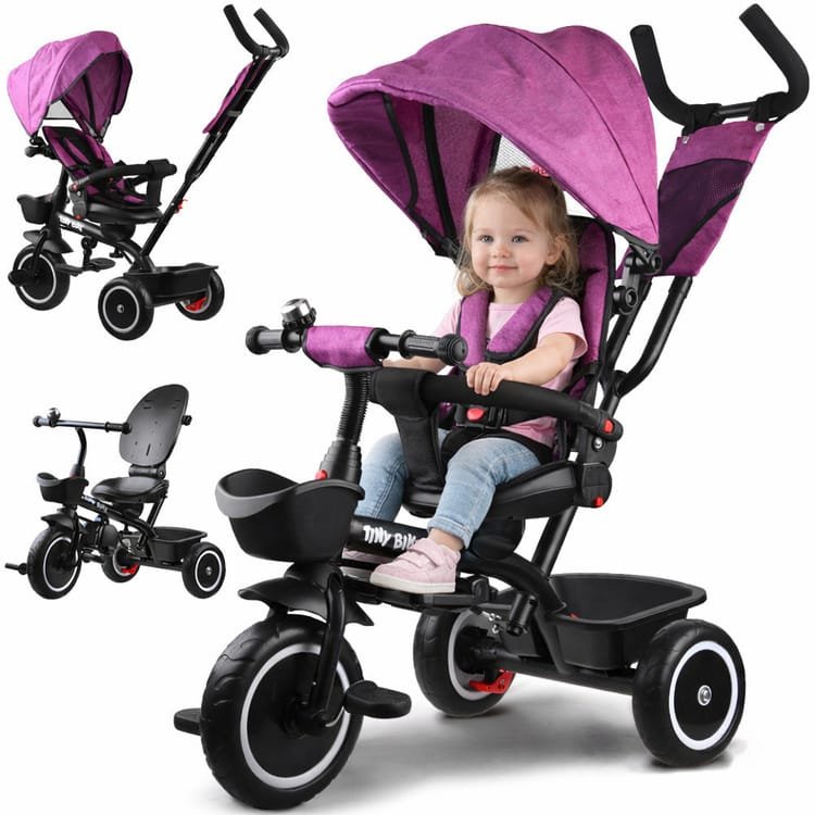 Triratis dviratukas Tiny Bike 3in1 su stogeliu ružavas
