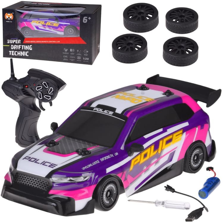 Nuotoliniu būdu valdomas drifto automobilis su foniniu apšvietimu ir keičiamomis padangomis 4WD RC0744