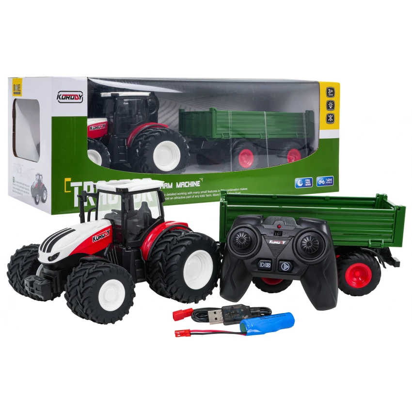 Raudonas R/C traktorius su žalia puspriekabe